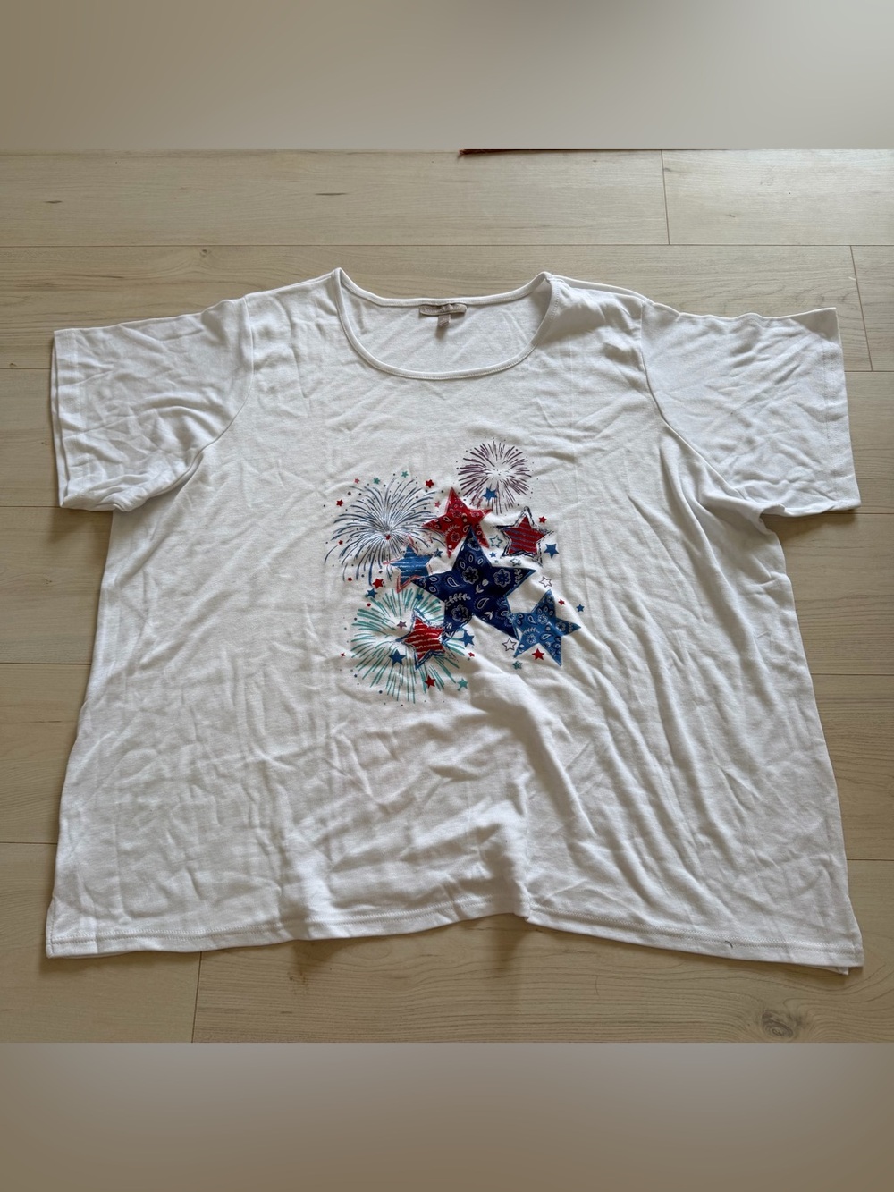 Woman Within White Short-Sleeve Tee with Red & Blue Star Burst Graphic